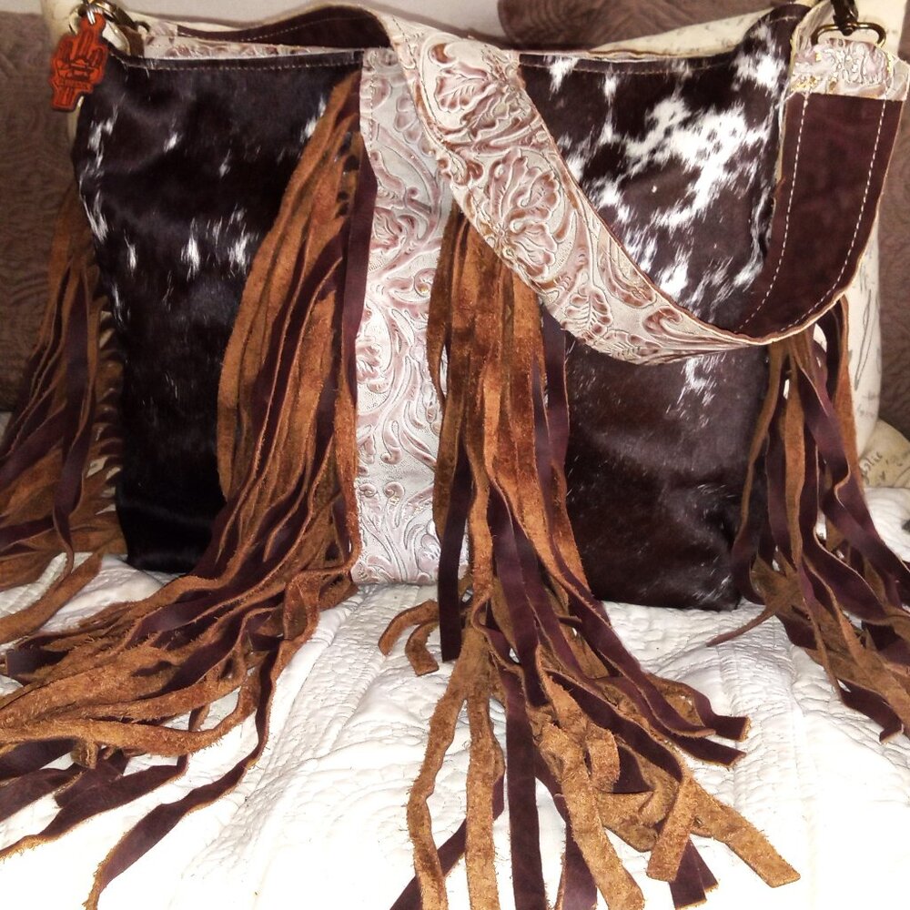 Dancing Cactus Designs Large Cowhide Leather Fringe Handbag